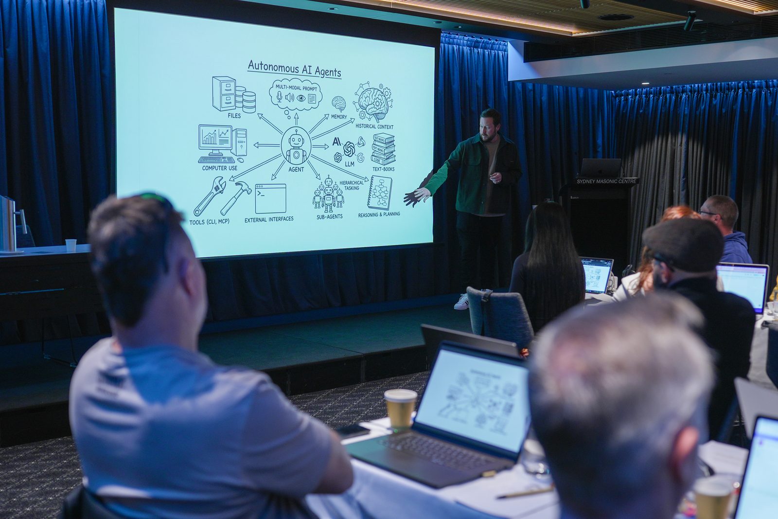 Michael Ridland presenting AI agents at a Team 400 Claude workshop