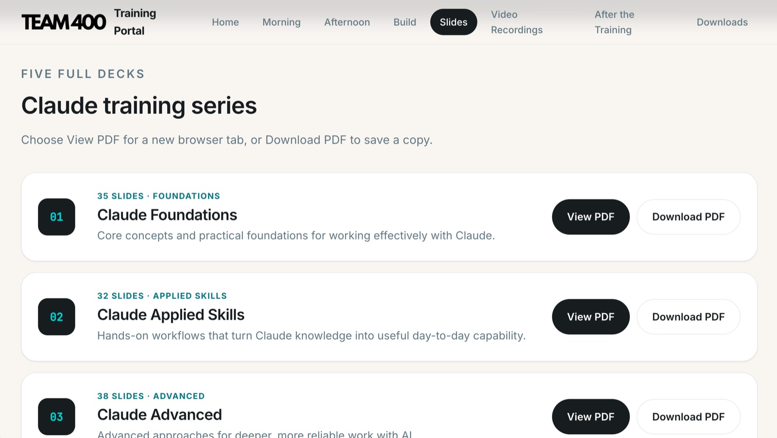 Claude training slide decks available to view or download